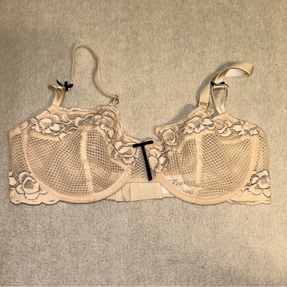 Fayreform Bra Underwire Embroidered Bows‎ Lace Caramel Balconette Unlined Sz 34D